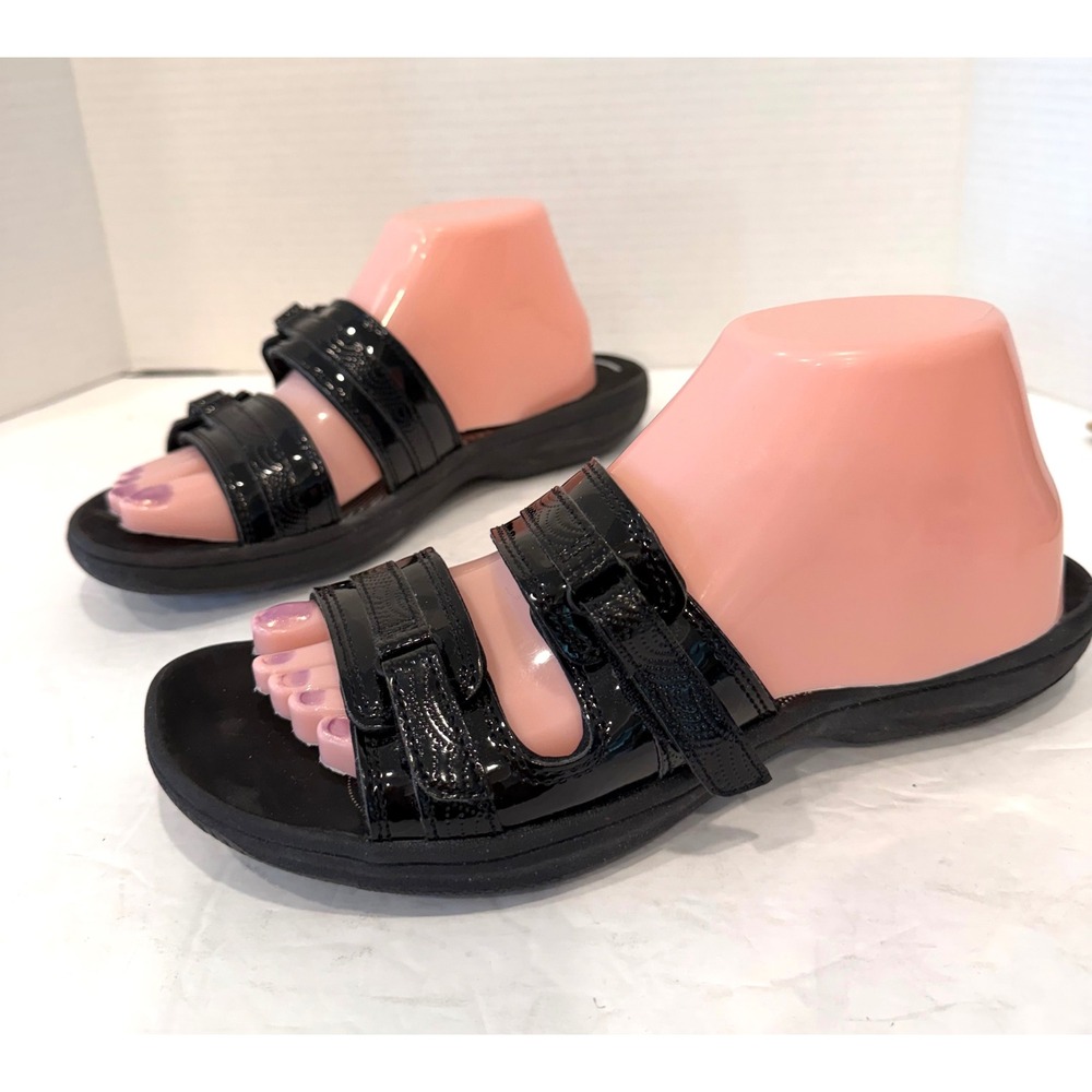 Clarks Cloudsteppers Black Patent Slide Adjustable Strap Comfort Sandals Sz 9M